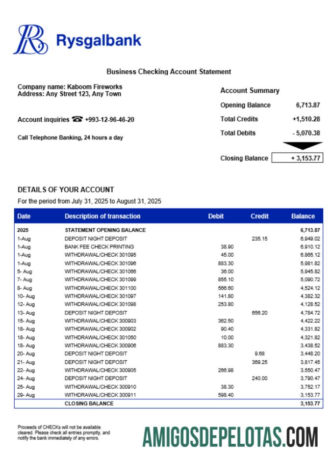 Baixável Turcomenistão Rysgal Firm modelo de extrato de conta Word e PDF